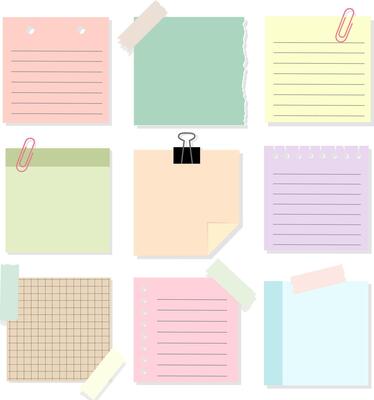 Note Paper Sheet with Binder Clip and Adhesive Tape. Post It Memo