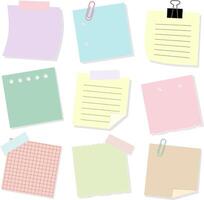 Set of Note Paper Sheet with Binder Clip and Adhesive Tape. Post It Memo vector