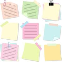 Set of Note Paper Sheet with Binder Clip and Adhesive Tape. Post It Memo Illustration vector