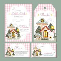 Set of baby shower girl invitation card with a cute bunny on a check pink pattern vector