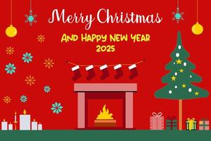 A festive Christmas and New Year greeting card with a fireplace, decorated Christmas tree, gifts, and ornaments. The card is designed in a flat, minimal style and features a warm, cozy atmosphere. vector