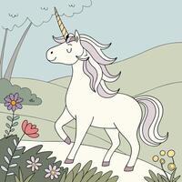 A cartoon unicorn is standing in a field with flowers vector