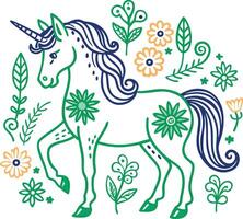 A unicorn with flowers and leaves in the background vector