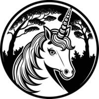 A unicorn head in a circle with trees and a forest vector