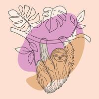 Sloth hanging on a branch with leaves and flowers vector