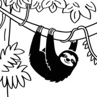 Sloth hanging on a tree coloring page vector