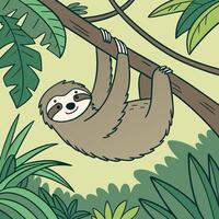 A cartoon sloth hanging on a tree branch in the jungle vector