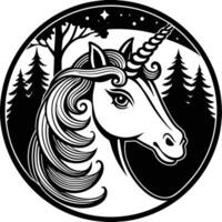A unicorn head in a circle with trees and stars vector