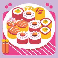 A plate with sushi and other food on it vector