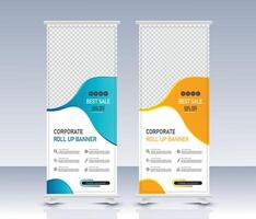Commercial blue and yellow roll up banner template design with abstract shapes vector
