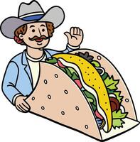 A cartoon man holding a taco and waving vector