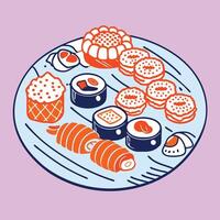 A plate with sushi and donuts on it vector