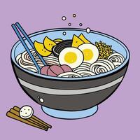 A bowl of ramen with eggs and chopsticks vector