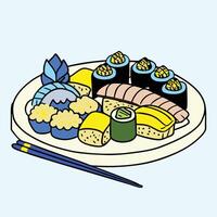 A plate with sushi and chopsticks on it vector
