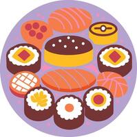 A round plate with various types of food vector