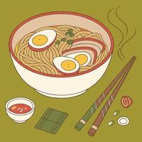 A bowl of noodles with eggs and chopsticks vector