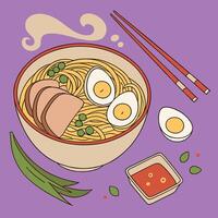 An illustration of ramen noodles with chopsticks and eggs vector
