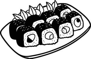 Sushi on a plate with black and white drawing vector