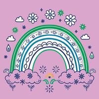 A rainbow and clouds on a purple background vector