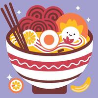 A bowl of ramen with an egg, chopsticks and oranges vector