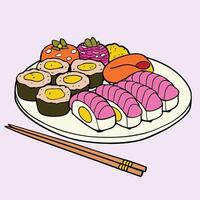 An illustration of sushi and chopsticks vector