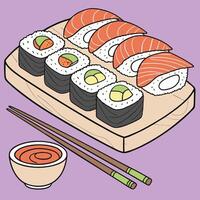 Sushi illustration with chopsticks and sauce vector