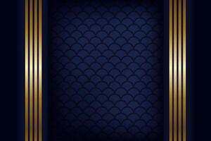 Dark blue abstract concept polygonal tech background. digital art design. gold line stripped. half circle japanese pattern vector