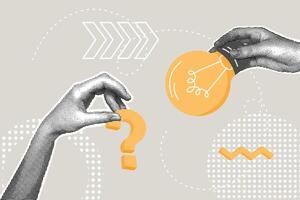Trendy halftone collage. Problem solving concept, question and answer, ask for answer or idea, to solve problem, business solution. Hand with a question gets a ready idea, answer. Illustration for web vector