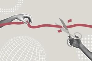 Modern halftone collage. Concept of starting a new business, opening ceremony, launching a new product. Halftone hand cutting red ribbon with scissors symbolizing opening or starting a new. Modern vector
