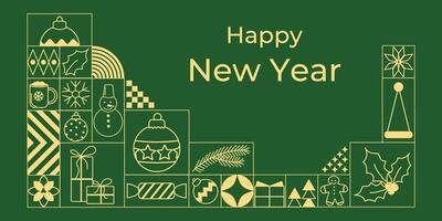 Horizontal geometric minimalistic background with New Year in linear style. Modern Christmas template concept. Golden linear icons on a green background. Perfect for invitations, greeting cards vector