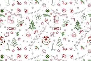 Set of minimalistic green and red Christmas elements in doodle style on white background. Seamless holiday background of hand drawn Christmas elements. Abstract winter holiday background vector