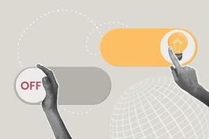 Trendy halftone collage. Concept of new idea, inspiration,switch light bulb to create an idea, turn on knowledge, activate idea, press toggle switch to turn on idea. Illustration for web banner vector