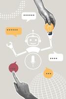Modern halftone collage. AI artificial intelligence concept, online service to answer questions, come up with a new idea. Halftone hands taking new ideas and tips from chatbot. Modern business collage vector