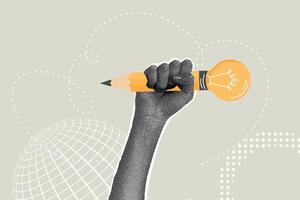 Fancy halftone collage. Concept of knowledge, inspiration to take notes, to create a new idea, creative idea, idea to write down thoughts, imagination for success in work. Illustration for web banner vector