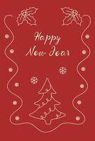 Hand drawn Christmas greeting card. Christmas design with festive Christmas tree, garlands. Minimalistic doodle style poster on red background. Perfect for invitations, greeting cards, banners. vector