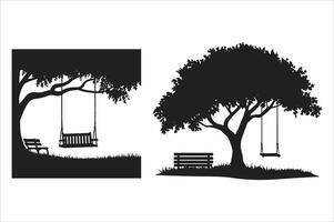 A swing hangs from a tree and there is a bench under it vector