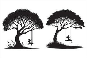 Silhouette of a Man Swinging on a Tree vector