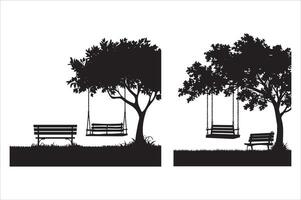 A swing hangs from a tree and there is a bench under it silhouette vector