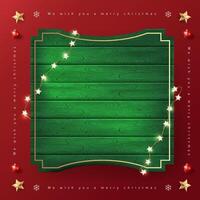 Merry Christmas sign banner green wood frame with empty space and festive decoration on red background vector