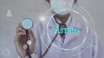 Asthma text. Doctor using stethoscope on medicine background. Futuristic technology. data hologram healthy concept. video