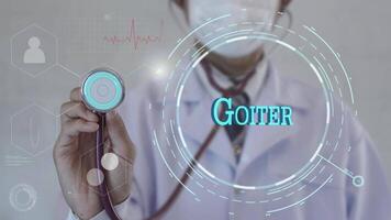 Goiter text. Doctor using stethoscope on medicine background. Futuristic technology. data hologram healthy concept. video