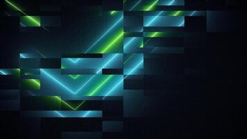 Technology background with blue and green neon light beams and glitch effect. Data visualization or network security concept. Sleek high tech futuristic animation. video