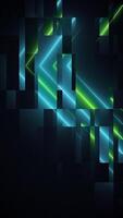 Technology background with blue and green neon light beams and glitch effect. Data visualization or network security concept. Sleek high tech futuristic vertical animation. video