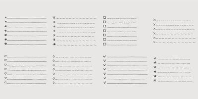 Collection of isolated outline hand drawn check to do list, bullet, check mark and check box in a doodle sketch cartoon style. Set of paper note with task plan. vector