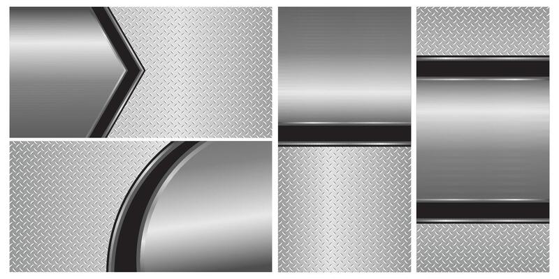 Set of silver gray metal backgrounds, 3D polished chrome metallic and shiny diamond plate texture, illustration