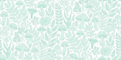 Seamless Pattern with various mushrooms and botanical elements using a monochromatic color scheme in shades of mint green on white. Design for wallpapers, textiles, fabrics, papers, wrappers, covers. vector
