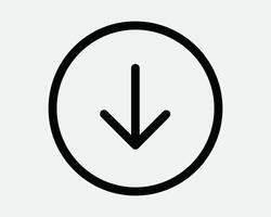 Downward Download Arrow Button Circle Round Down Pointer Pointing Below Under South Underneath Aim Icon Sign Shape Line Outline Black White vector