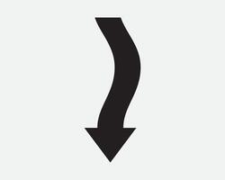 Wavy Arrow Point Down Pointing South Below Under Reverse Descent Backwards Back Curve Flow Downstream Aim Black White Sign Icon Shape Outline vector