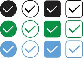 Checkmark icon set. Check mark with right sign. Tick icon set. Green check button vector