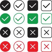 Check mark and cross mark icon set. Check mark with right and wrong sign. Tick and cross icon set. Green check button and red wrong button. vector